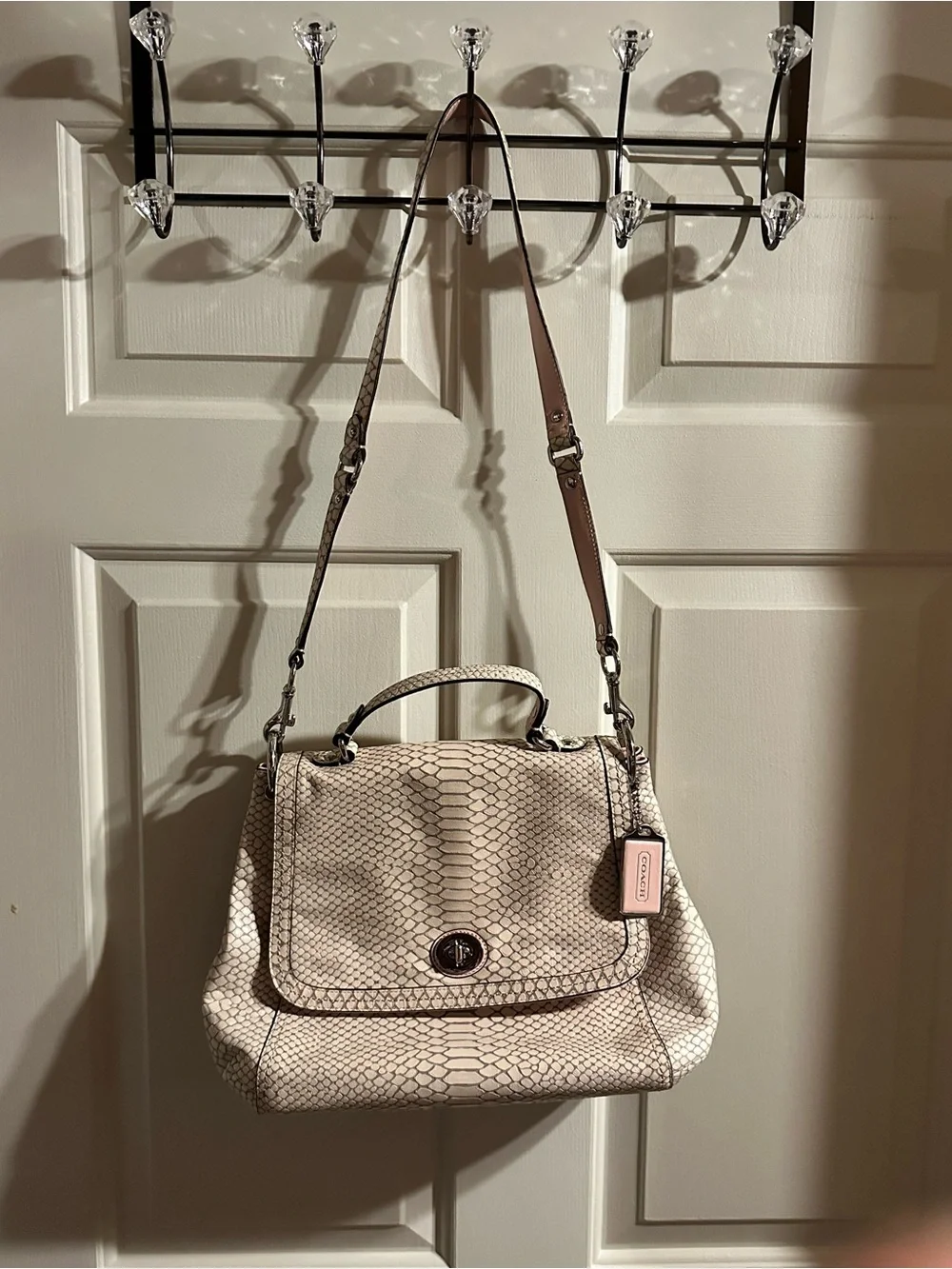Coach Pink Beige Snake-Embossed Leather Top Handle Bag